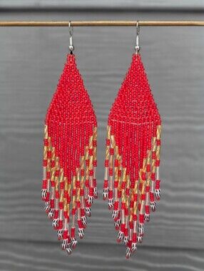 Soux Boho Fringe Beaded Earrings Handmade Jewelry Red Gold